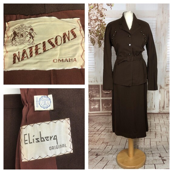 Original 1940s 40s Vintage Brown Gabardine Belted