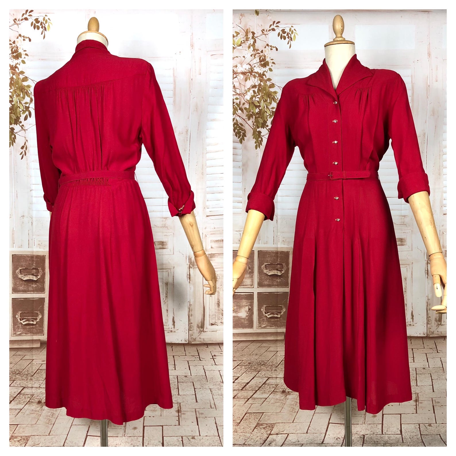 1940s Cherry Red Cotton Shirtwaist Dress With Diamanté Buttons Etsy — free download