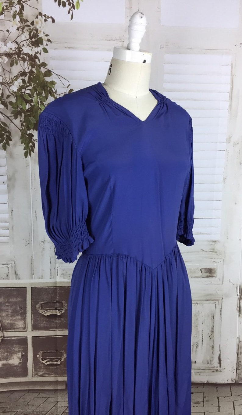 Original 1930s Rayon Crepe Vintage Blue Day Dress image 3