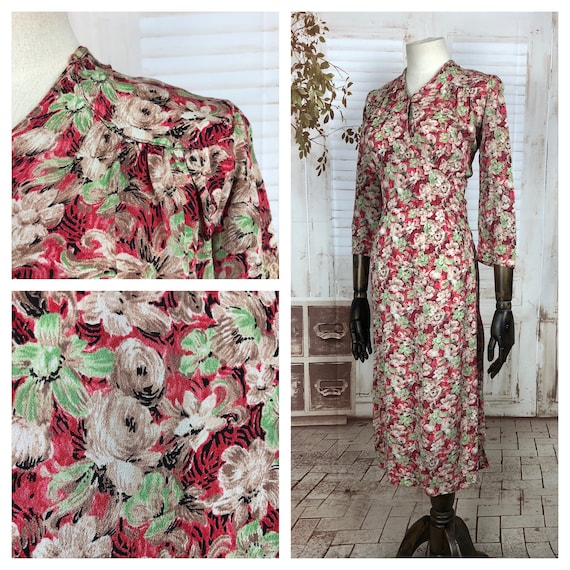 Original 1940s 40s Vintage Red Green And Brown Fl… - image 1