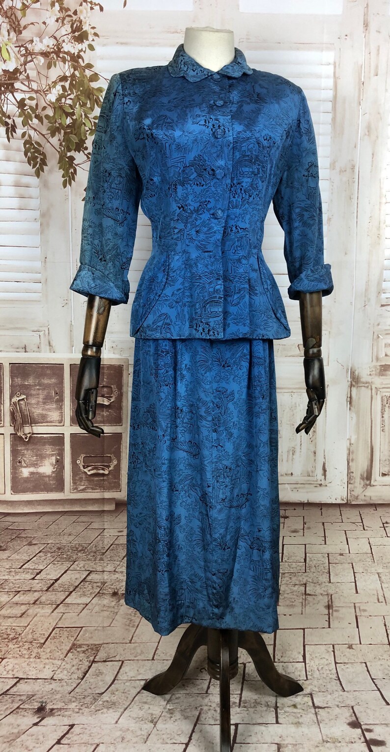 Original 1940s 40s Vintage Blue Novelty Print Rayon Dress With Matching Jacket image 7