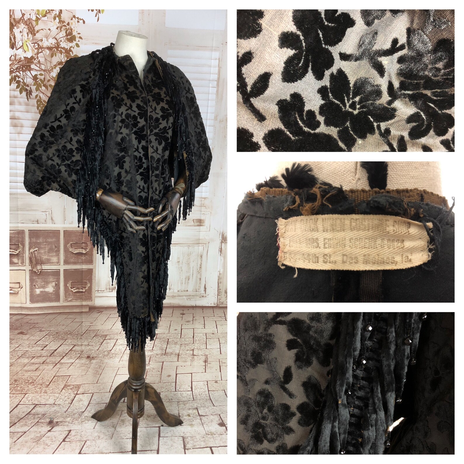 Devore Floral Pattern Original 1800s Victorian Raised Flower Pattern Devoré Velvet Cape With ...