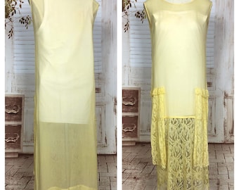 Beautiful Original 1920s Vintage Lemon Yellow Chiffon And Lace Art Deco Flapper Dress
