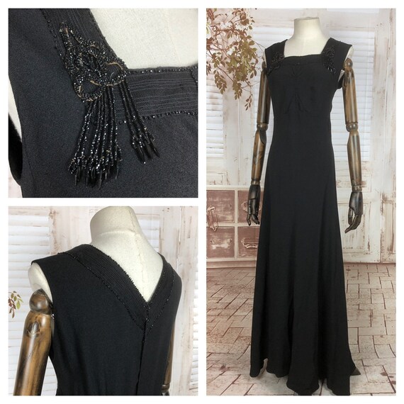 Original 1930s 30s Vintage Black Crepe Evening Gow