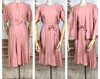 Stunning Original Late 1930s / Early 1940s Vintage Pastel Pink Dress Suit With Puff Sleeves