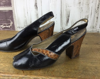 Original 1930s Vintage Black Patent Leather And Brown Reptile High Heel Shoes