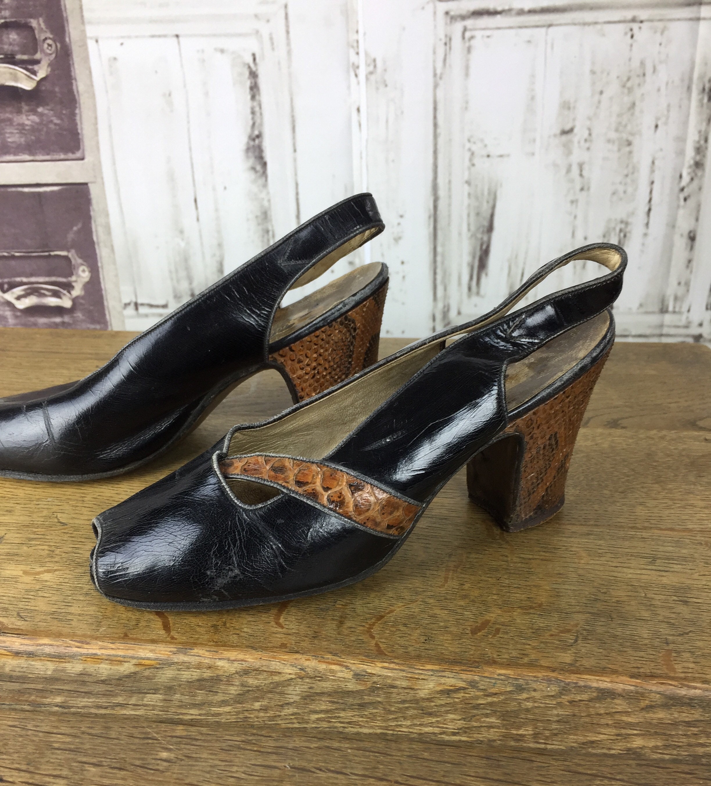 Original 1930s Vintage Black Patent Leather and Brown Reptile High