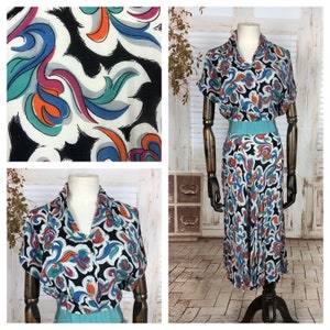 Original 1940s 40s Vintage Rayon Novelty Print Day Dress With Aqua Grosgrain Waistband
