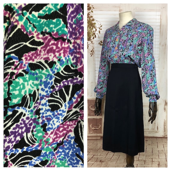 Original 1940s 40s Vintage Printed Crepe Blouse Wi