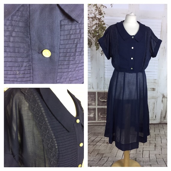 Original 1940s Volup Vintage Navy Blue Cotton Voil