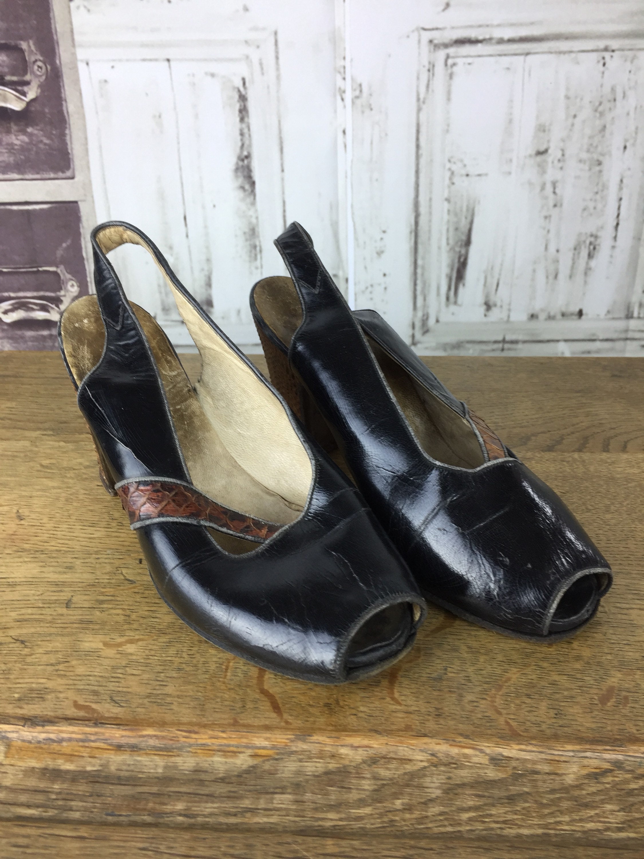 Original 1930s Vintage Black Patent Leather and Brown Reptile - Etsy UK