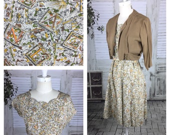 Original 1940s Vintage Letter Novelty Print Dress and Jacket With Matching Novelty Print Buttons Volup