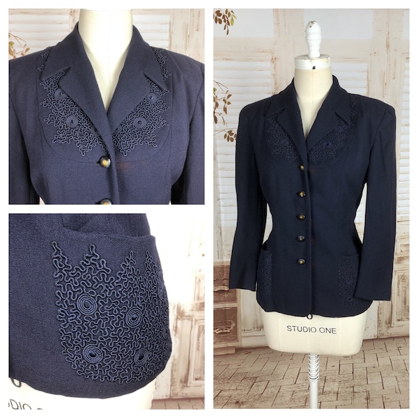 Original 1940s 40s Vintage Navy Blue Heavy Crepe Jacket With Notched Collar And Soutache Pockets And Bodice