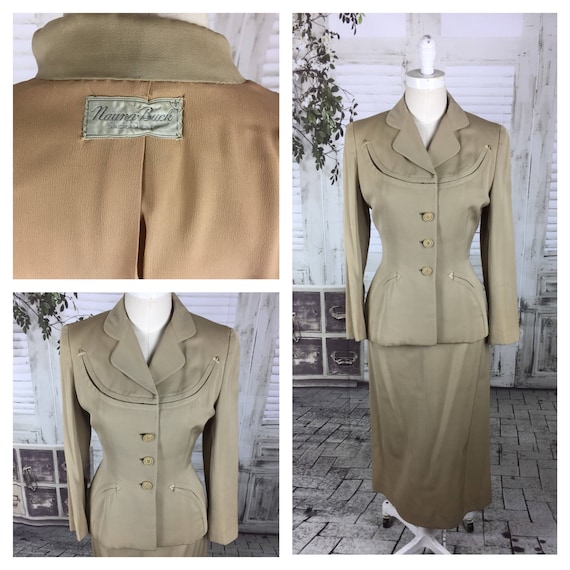 Original 1940s Beige Arrow Gabardine Skirt Suit