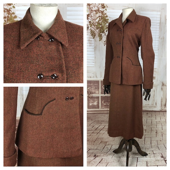 Original 1940s 40s Vintage Brown Wool Skirt Suit W