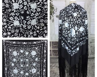 Original 1950s Black And White Floral Embroidered Shawl