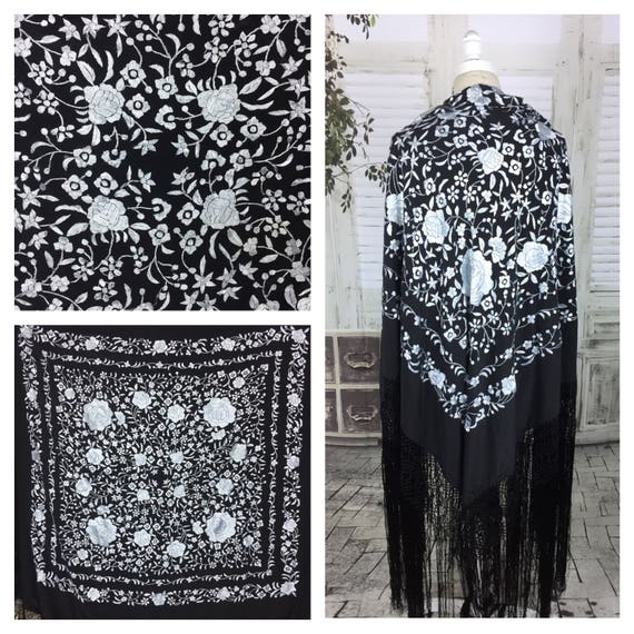 Original 1950s Black And White Floral Embroidered