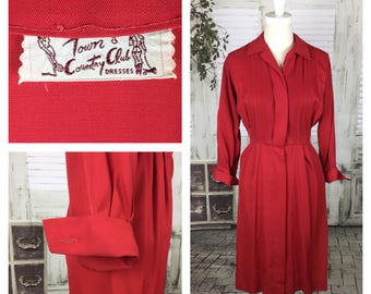 Original 1950s Vintage Red Gabardine Button Up Day Dress By Town And Country Club Dresses