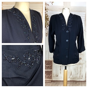 Original 1930s 30s Vintage Navy Blue Gabardine Jacket With Bead Collar And Pockets