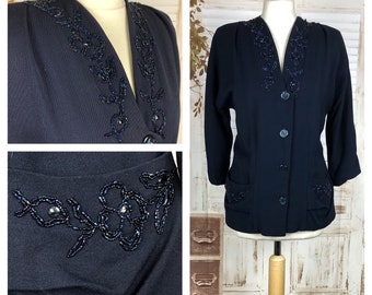 Original 1930s 30s Vintage Navy Blue Gabardine Jacket With Bead Collar And Pockets