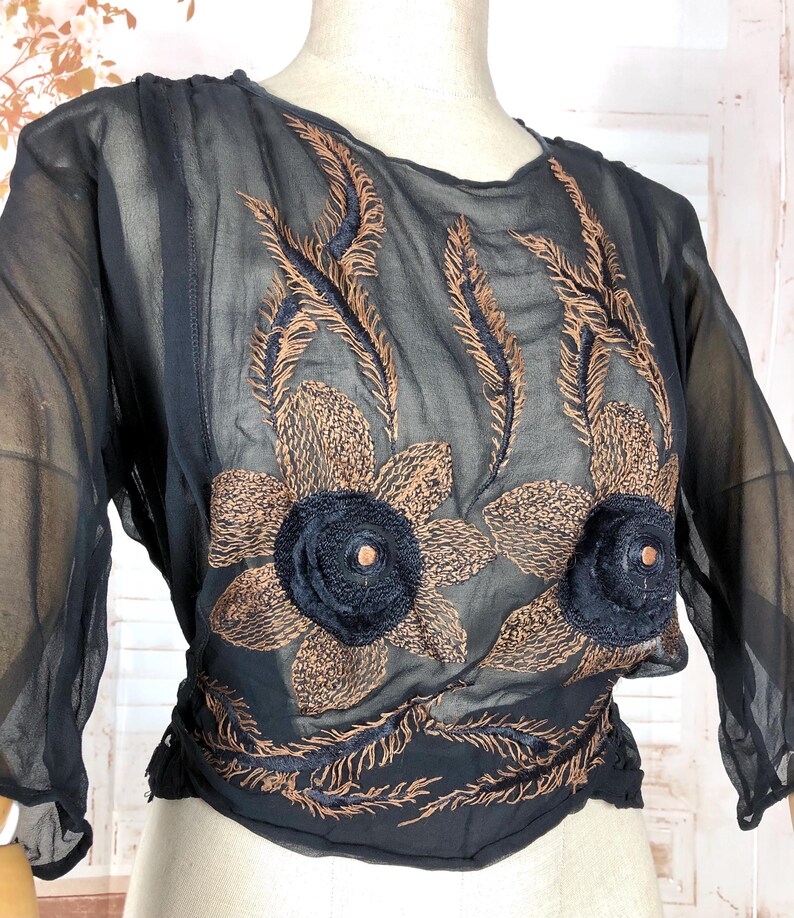 May include: A sheer black blouse with three-quarter sleeves. The blouse features intricate embroidery in shades of brown and navy blue, including floral and feather-like designs. The waist is cinched, and the neckline is round.