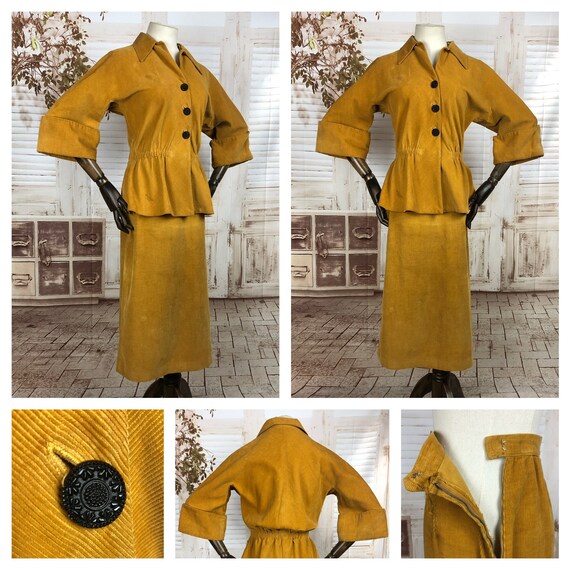 Original 1940s 40s Vintage Mustard Yellow Corduroy