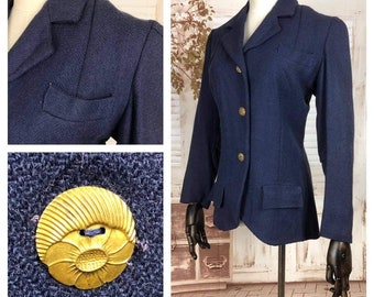 Original 1930s 30s Vintage Navy Blue Wool Jacket With Brass Buttons