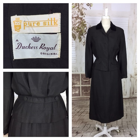 Original 1940s 40s Brown Slubbed Silk Skirt Suit W