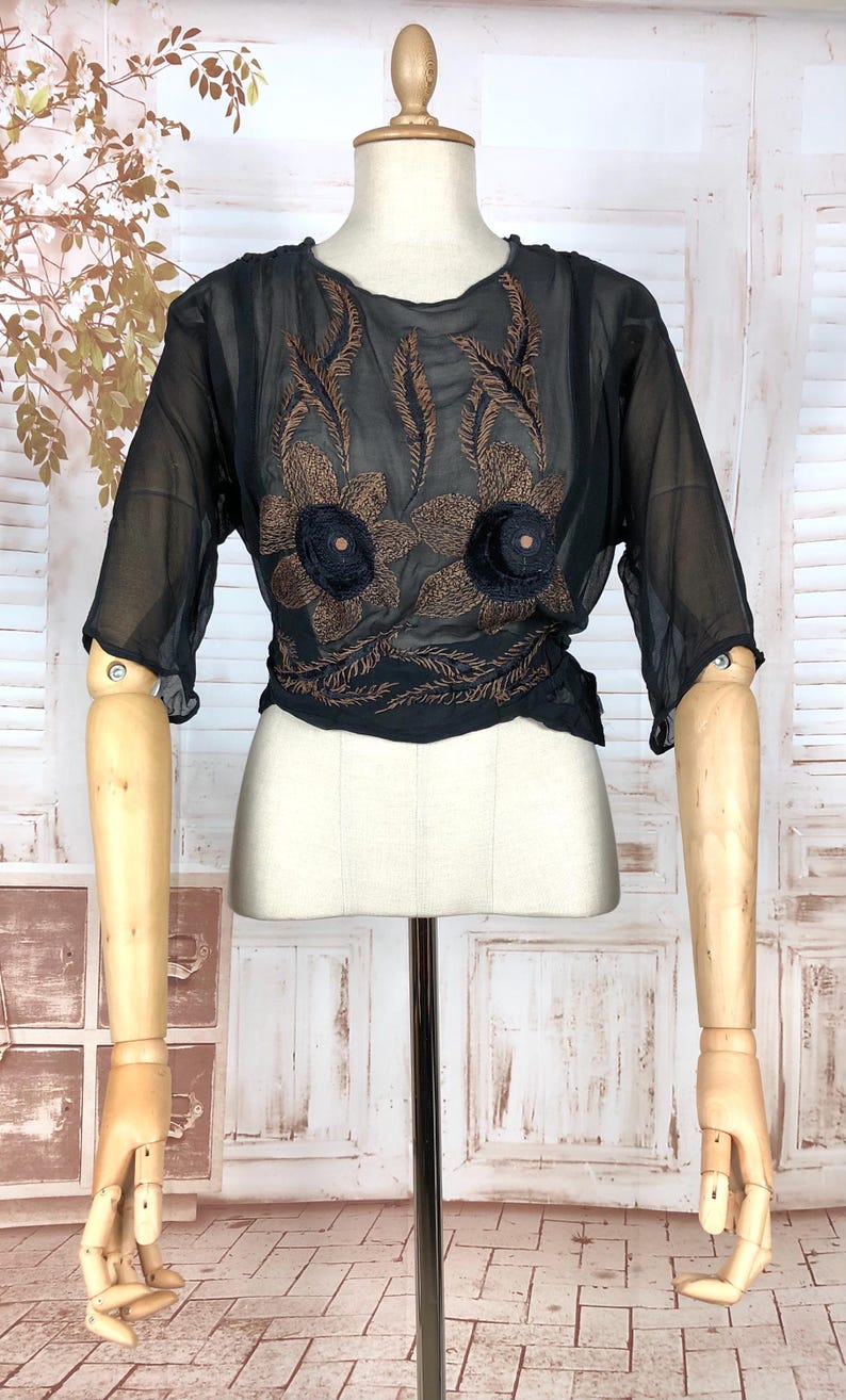 May include: Black sheer blouse with short sleeves and intricate brown floral embroidery. The blouse is displayed on a mannequin with wooden arms and a cream-colored torso, set against a white background.