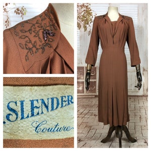 O. Slender Couture によるゴージャスなオリジナル 1940 年代 40 年代 ヴィンテージ キャラメル ビーズ ドレス