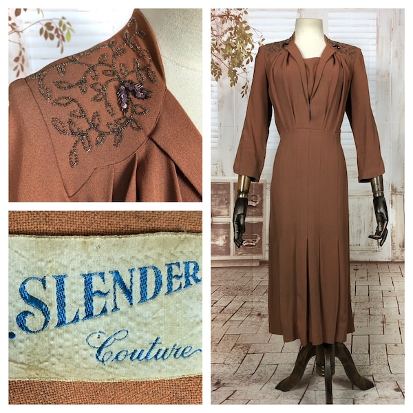 Gorgeous Original 1940s 40s Vintage Caramel Beaded Dress By O. Slender Couture