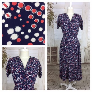 Original 1940s Vintage Navy Blue Red And White Rayon Novelty Print Summer Dress
