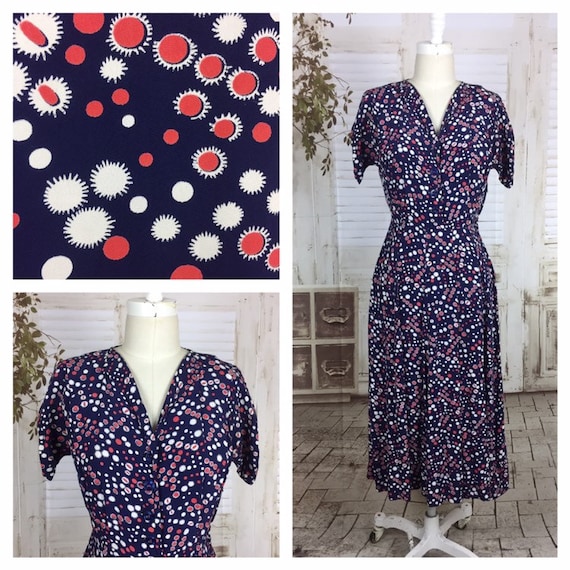 Original 1940s Vintage Navy Blue Red And White Ray