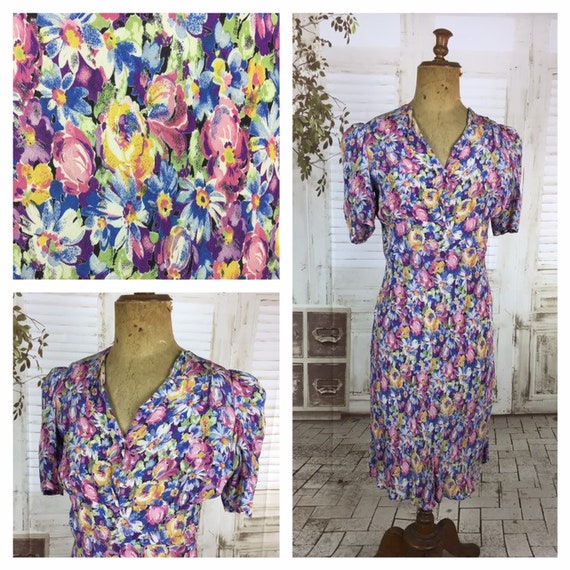 Original 1930s Vintage Floral Rayon Dress Puff Sho
