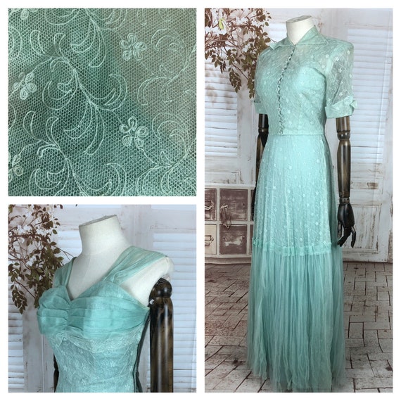 Original 1940s 40s Vintage Mint Green Lace Gown An