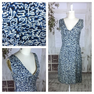 Vestido vintage original dos anos 1950, azul, novidade louca, estampa Wriggle Dress