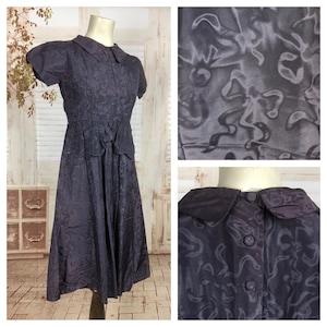 Original Vintage Late 1930s 30s Early 1940s 40s Purple Moire Bow Puff Sleeve Dress
