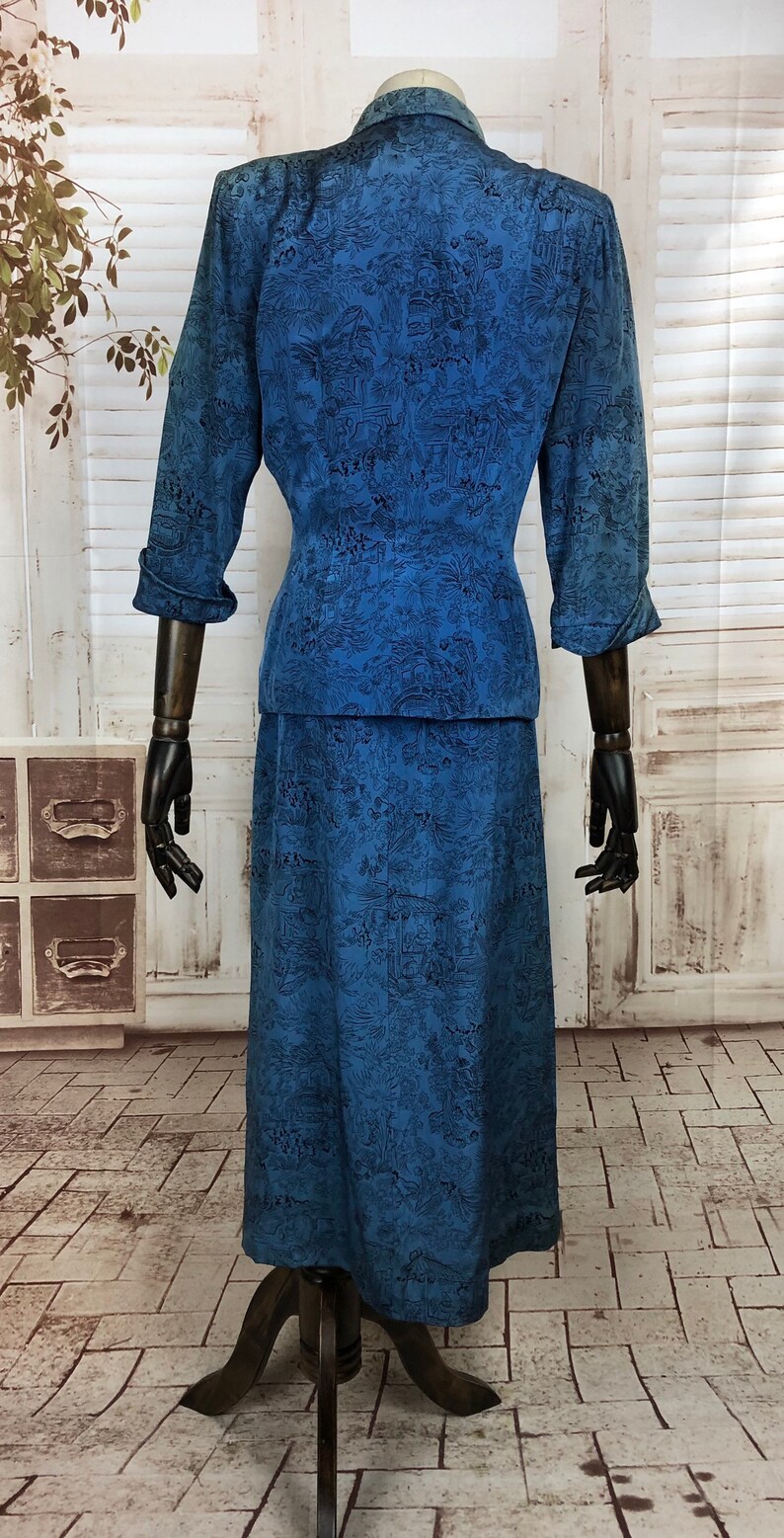 Original 1940s 40s Vintage Blue Novelty Print Rayon Dress With Matching Jacket image 8