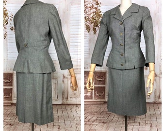 Fabulous Original Late 1940s / Early 1950s Vintage Grey Belt Back Skirt Suit