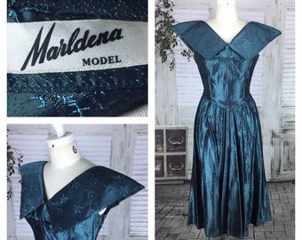 Original Vintage 1950's Electric Blue Oversized Shoulder Collar Cocktail Dress