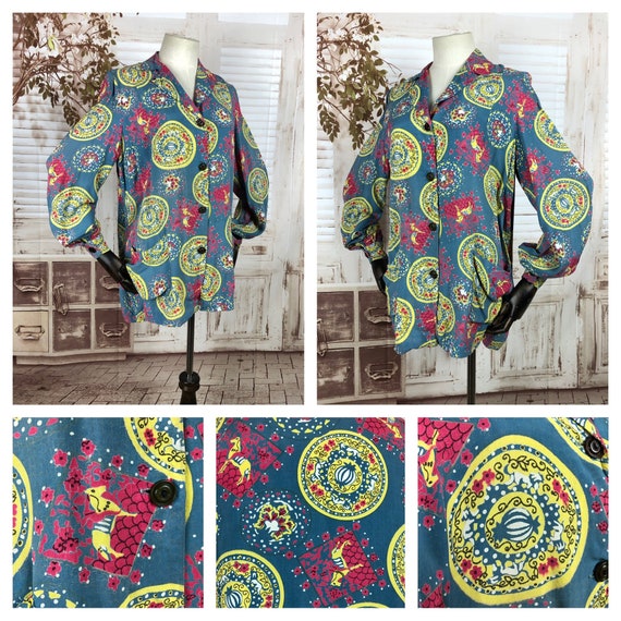Original 1940s 40s Vintage Novelty Print Smock Top