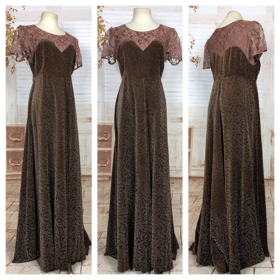 Exquisite Original Late 1930s Early 1940s Vintage Embossed Brown Velvet and Lace Evening Gown Etsy