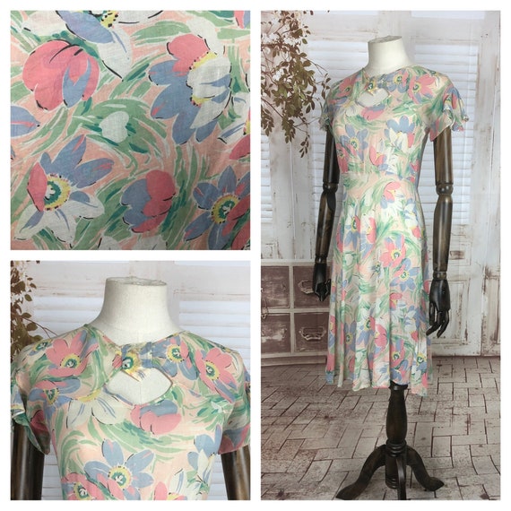 Original 1930s 30s Vintage Floral Pattern Cotton V
