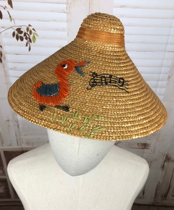 Original 1940s 40s Vintage Straw Oriental Inspired