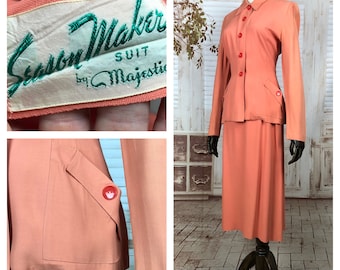 Incredible 1940s 40s Original Vintage Coral Salmon Summer Suit