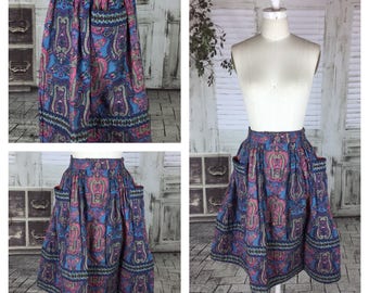 Original 1950s Vintage Skirt With Purple And Blue Paisley Pattern