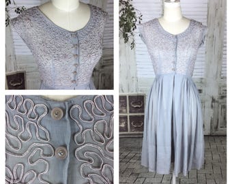 Original 1950s Vintage Light Blue Lightweight Cotton Summer Dress With Soutache Bodice And Diamante Buttons