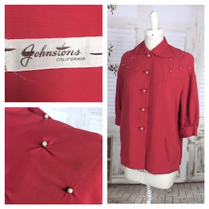Original 1950s Red Gabardine Gab Ladies Vintage Swing Jacket With Faux Pearl Embellishment Johnstons California