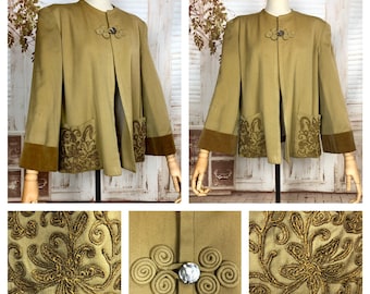 Exceptional Original 1940s Vintage Swing Coat With Huge Shoulders And Gold Lamé Soutache Pockets