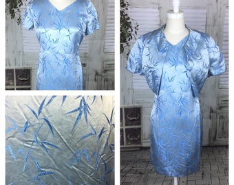 Original 1950s Vintage Light Blue Asian Bamboo Cocktail Dress And Bolero Set